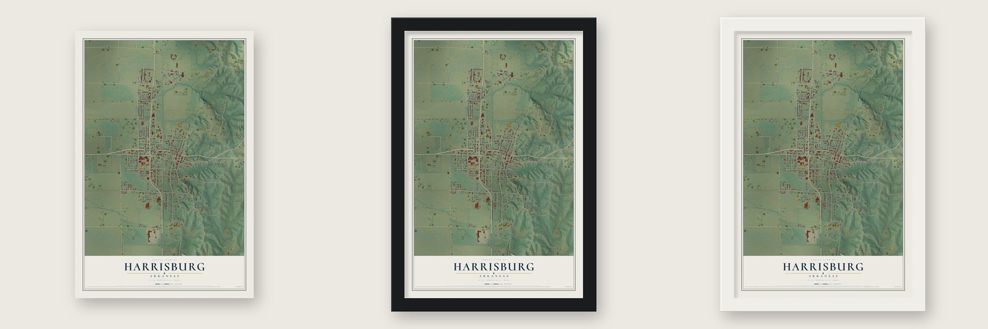 Harrisburg, Arkansas map unframed, in a black wood frame and in a white wood frame