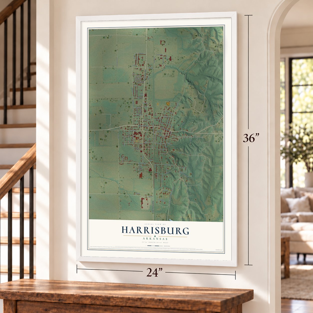 Harrisburg, Arkansas map, 24 x 36 inch print in a white frame by a staircase