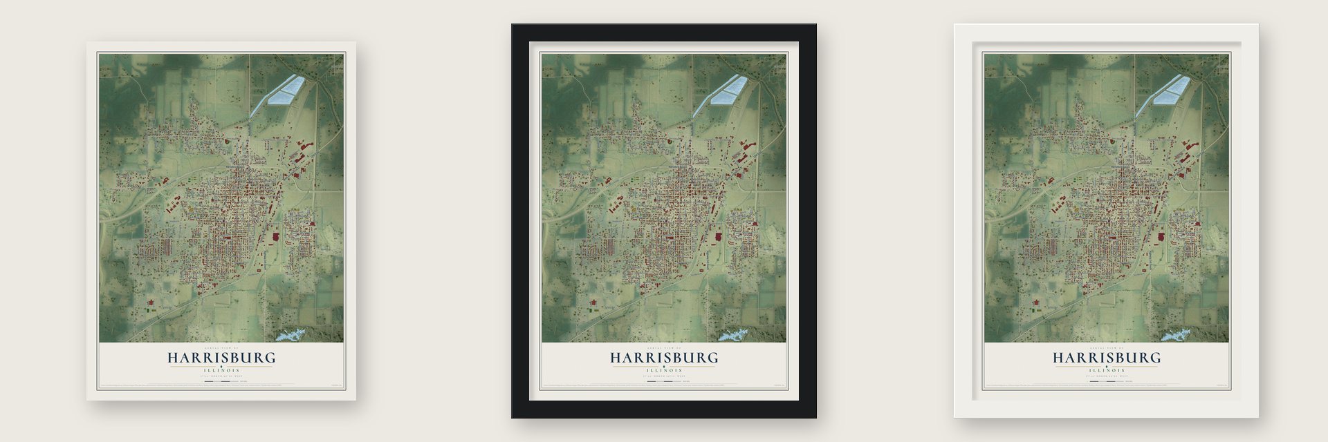 Harrisburg, Illinois map unframed, in a black wood frame and in a white wood frame