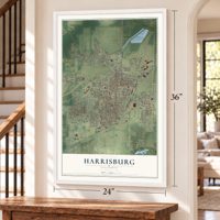 Harrisburg, Illinois map, 24 x 36 inch print in a white frame by a staircase