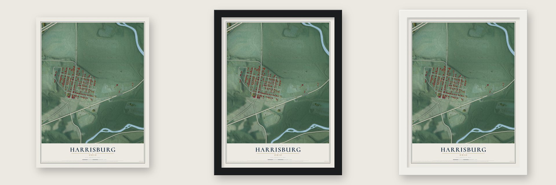 Harrisburg, Ohio map unframed, in a black wood frame and in a white wood frame
