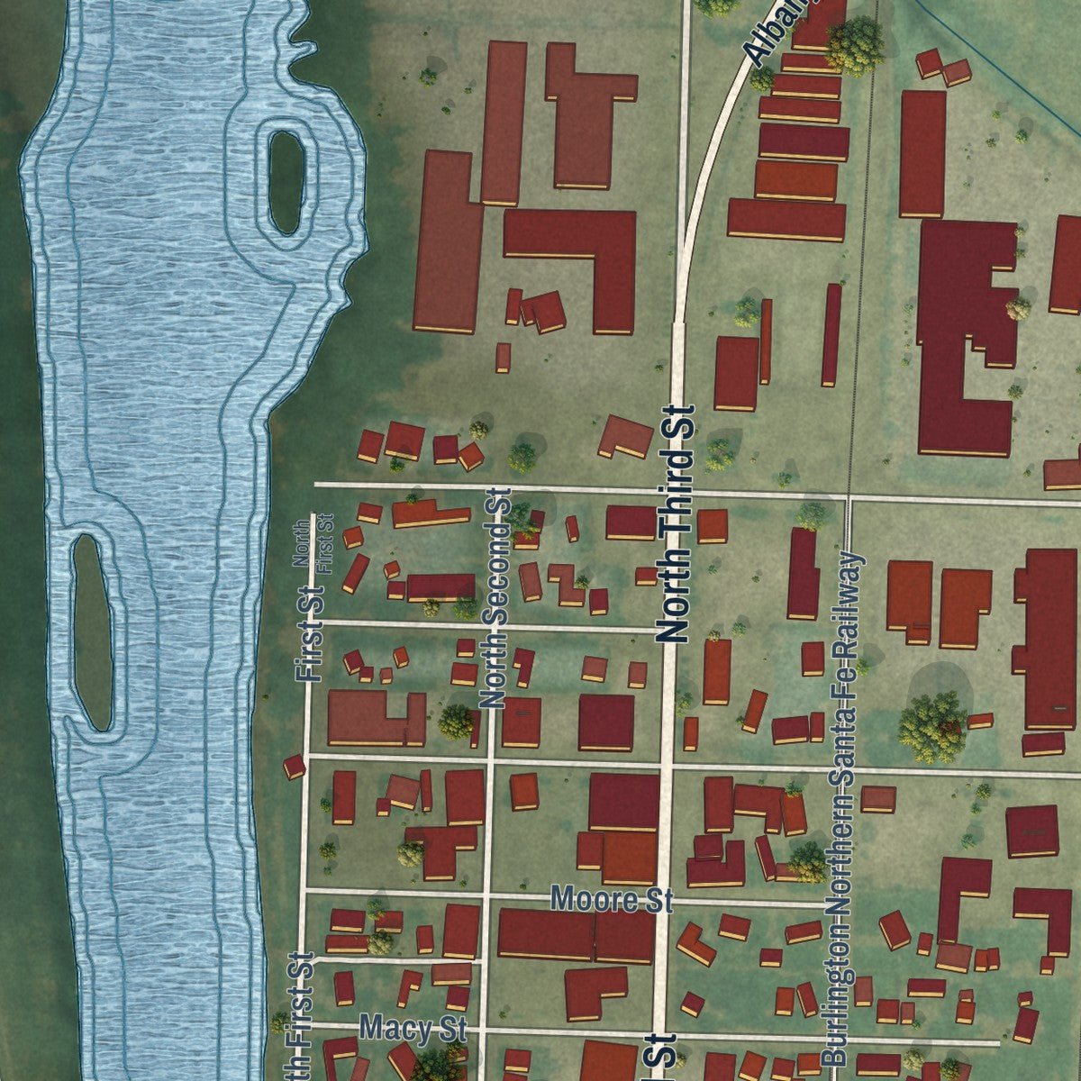 Second close-up of the map of Harrisburg, Oregon print showing more streets and buildings