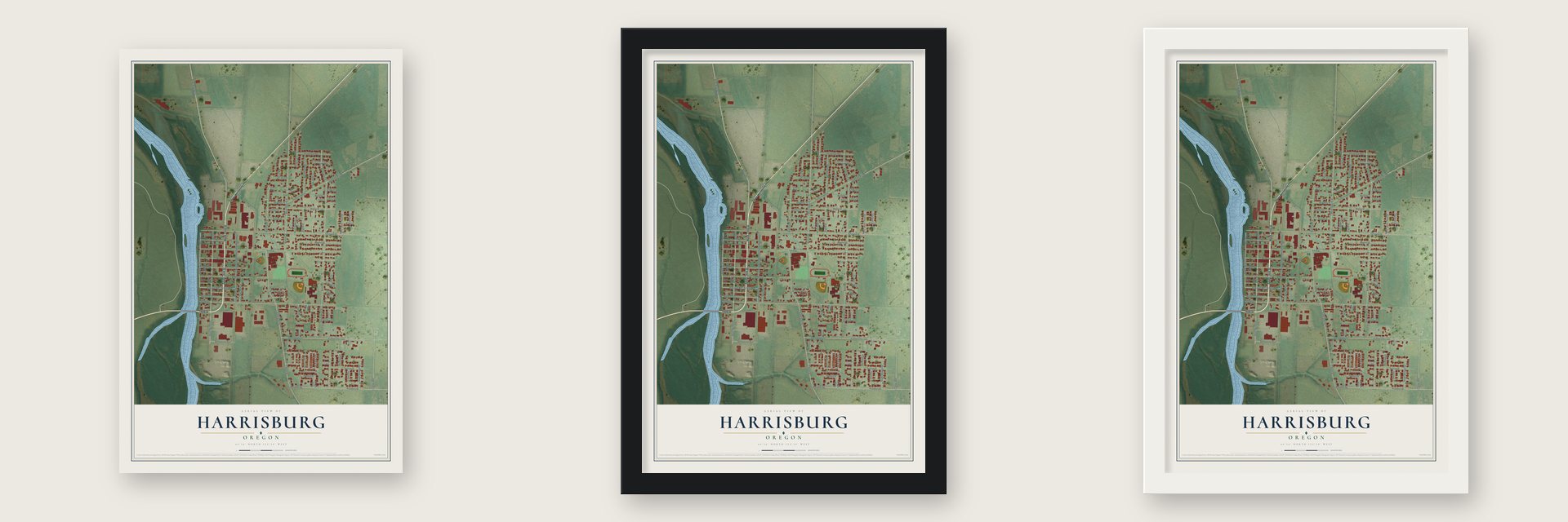 Harrisburg, Oregon map unframed, in a black wood frame and in a white wood frame