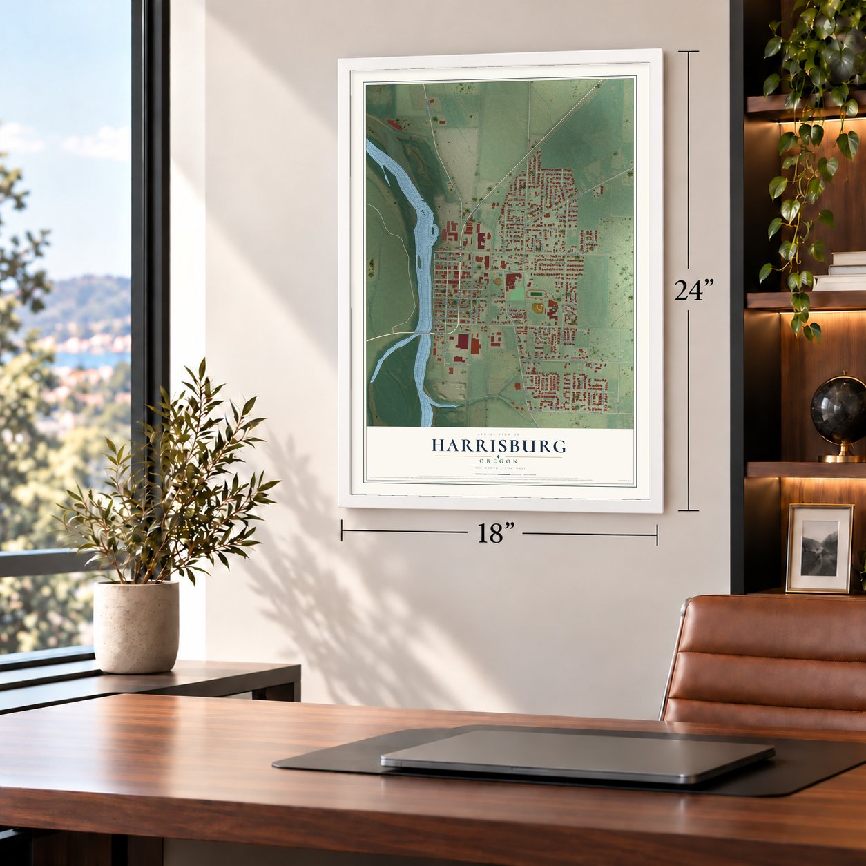 Harrisburg, Oregon map, 18 x 24 inch print in a white frame in a home office