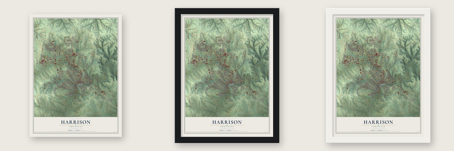 Harrison, Arkansas map unframed, in a black wood frame and in a white wood frame