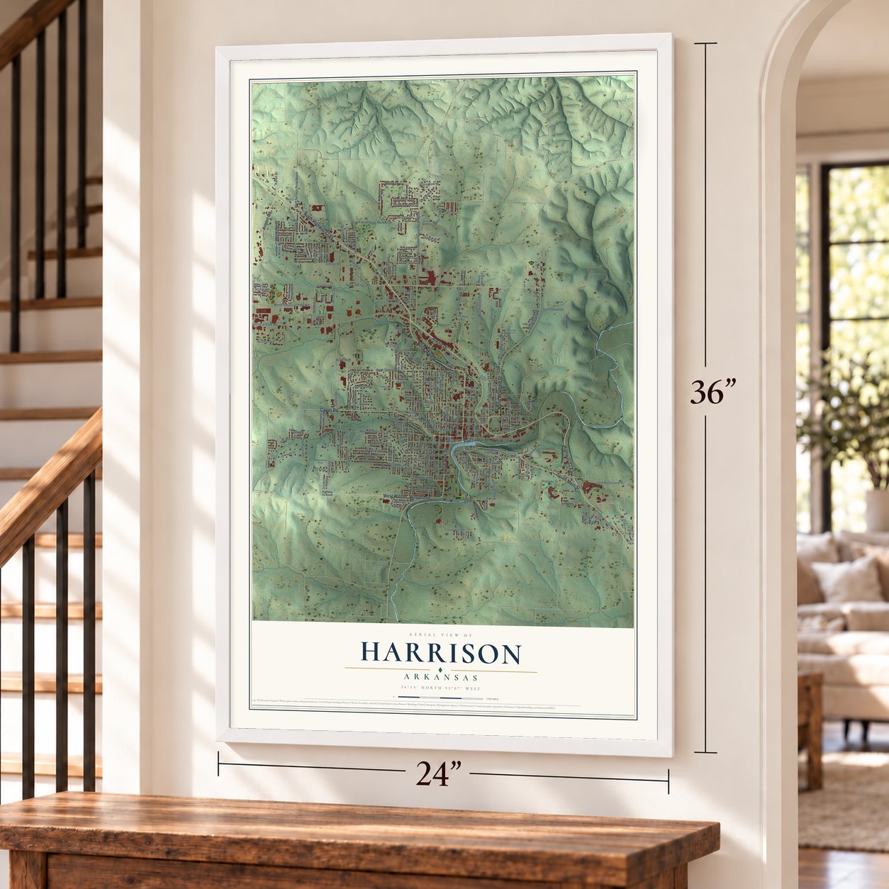 Harrison, Arkansas map, 24 x 36 inch print in a white frame by a staircase