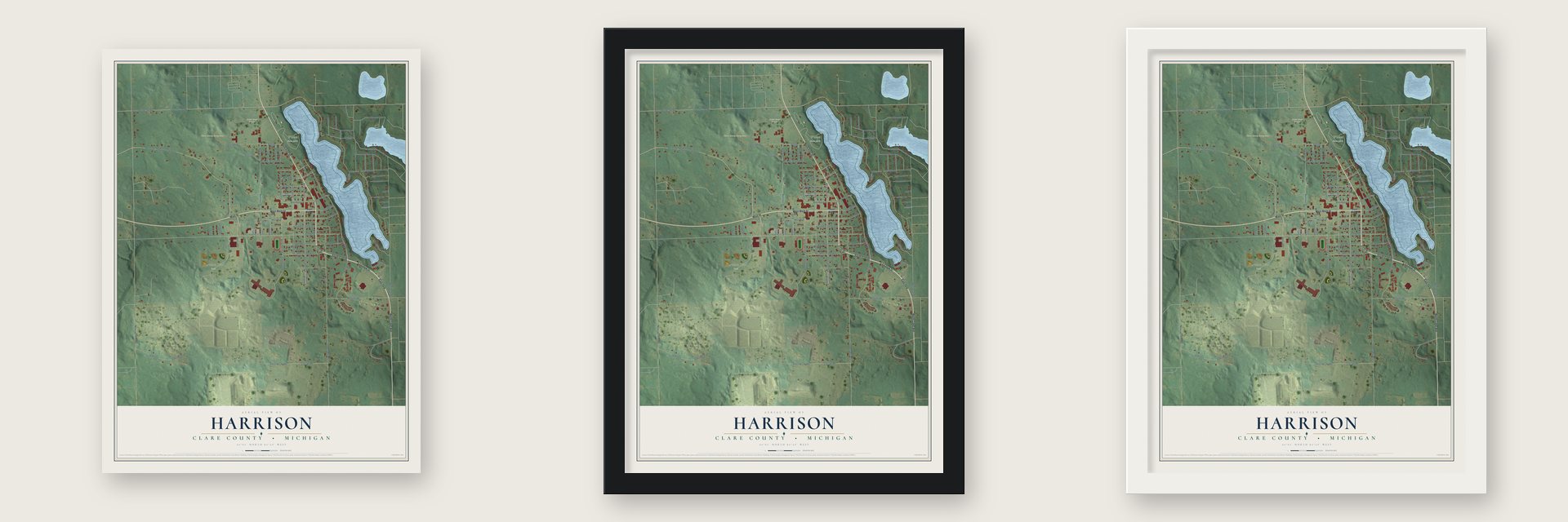 Harrison, Clare County, Michigan map unframed, in a black wood frame and in a white wood frame