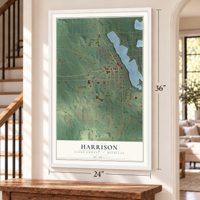 Harrison, Clare County, Michigan map, 24 x 36 inch print in a white frame by a staircase