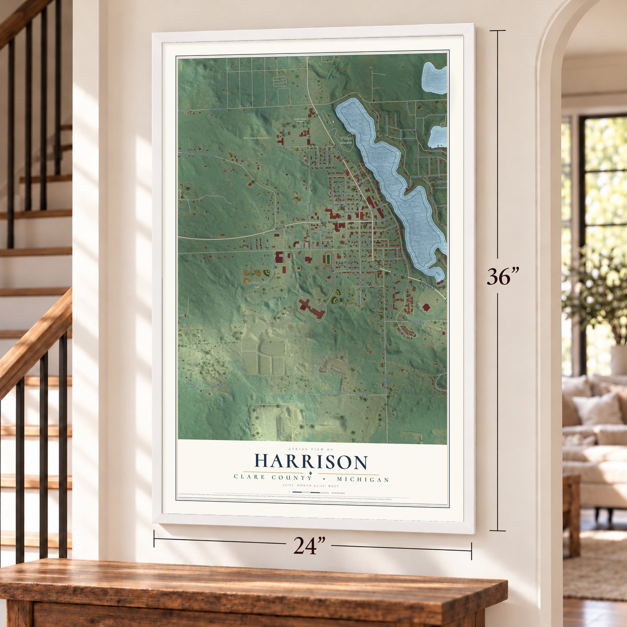 Harrison, Clare County, Michigan map, 24 x 36 inch print in a white frame by a staircase