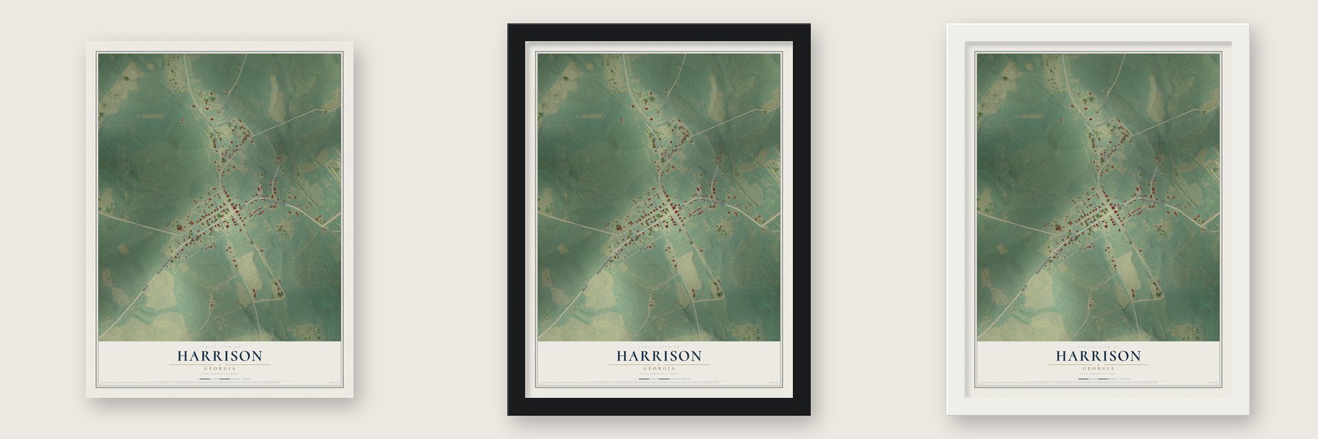 Harrison, Georgia map unframed, in a black wood frame and in a white wood frame