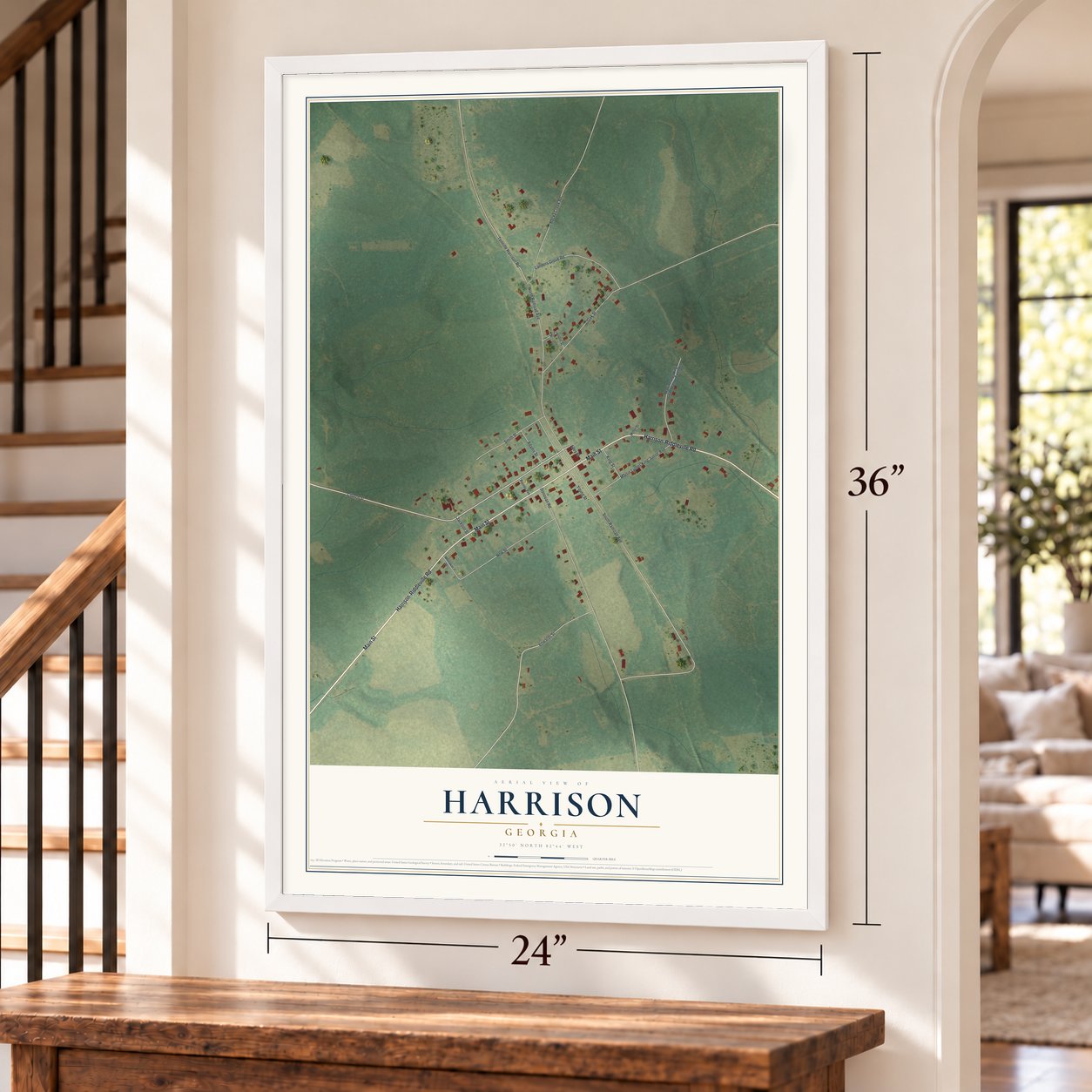 Harrison, Georgia map, 24 x 36 inch print in a white frame by a staircase
