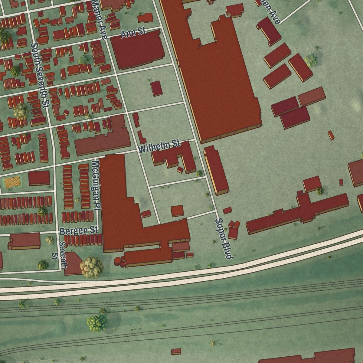 Second close-up of the map of Harrison, Hudson County, New Jersey print showing more streets and buildings
