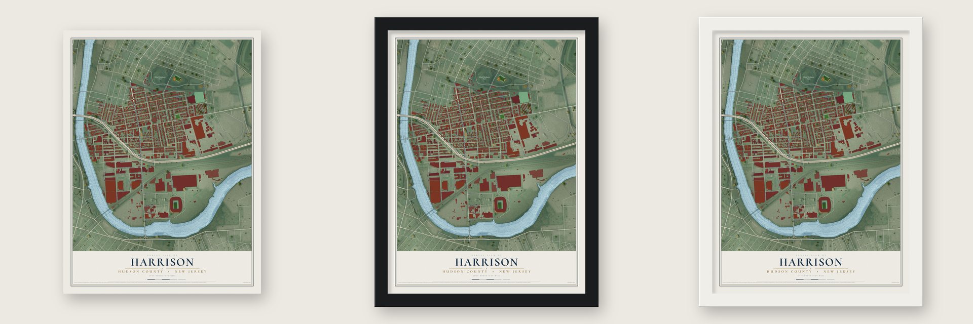 Harrison, Hudson County, New Jersey map unframed, in a black wood frame and in a white wood frame