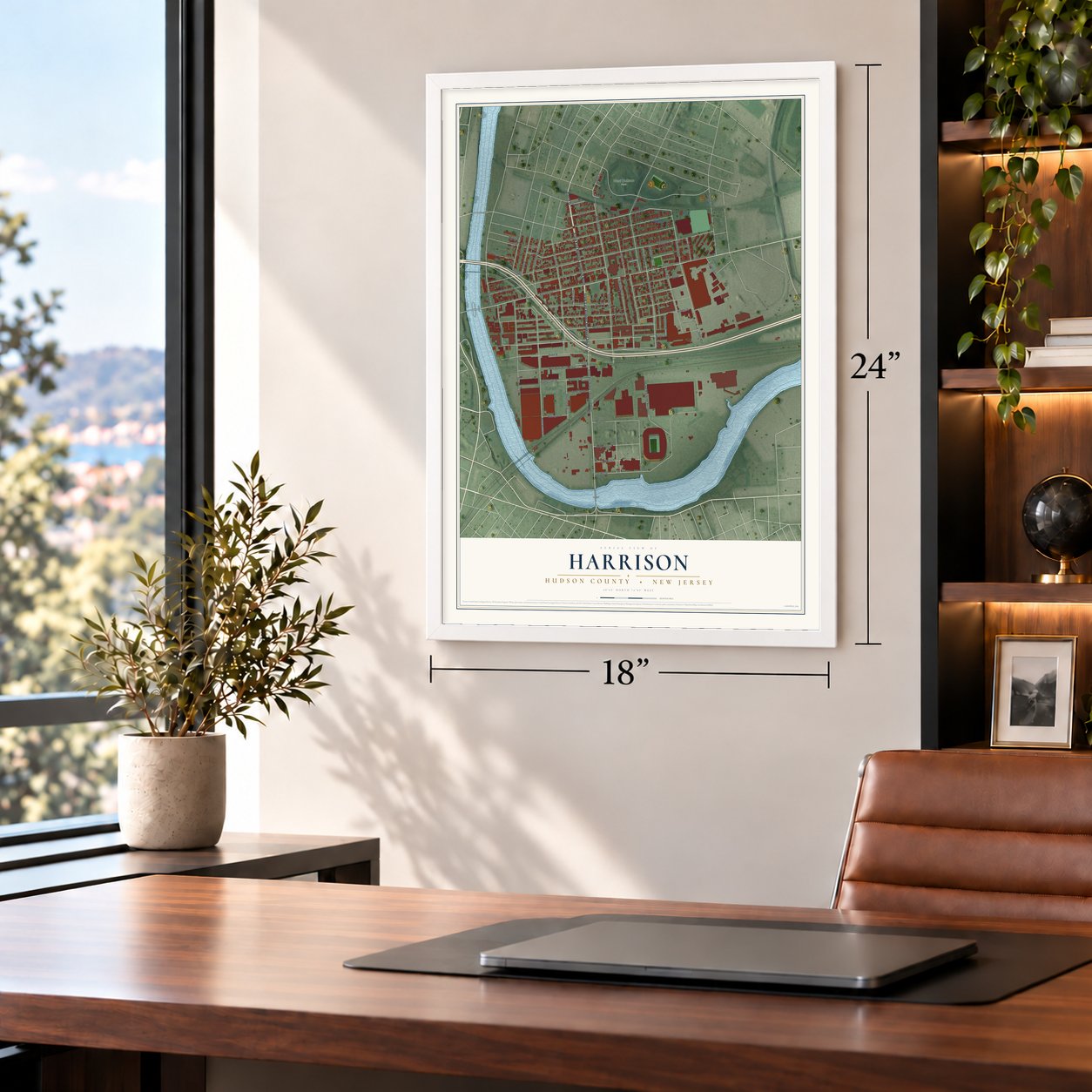 Harrison, Hudson County, New Jersey map, 18 x 24 inch print in a white frame in a home office