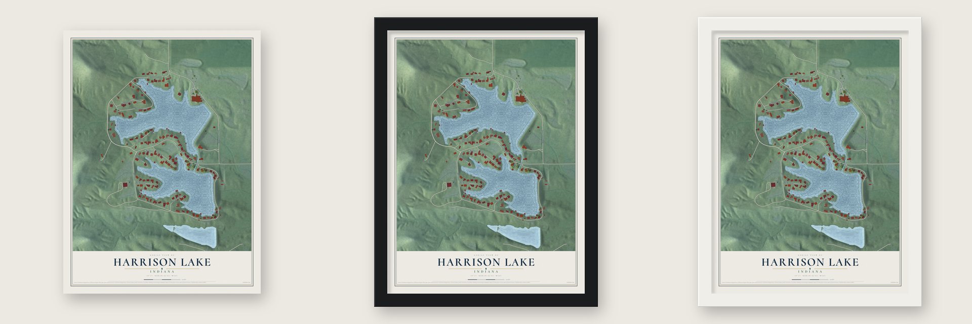 Harrison Lake, Indiana map unframed, in a black wood frame and in a white wood frame