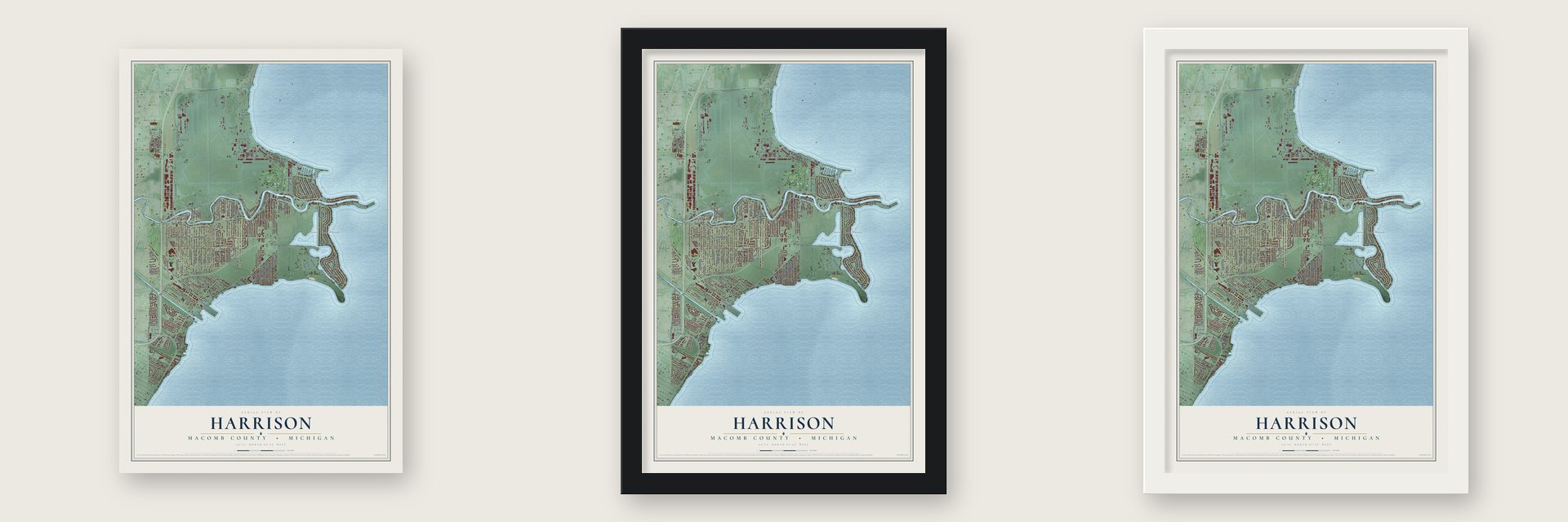Harrison, Macomb County, Michigan map unframed, in a black wood frame and in a white wood frame