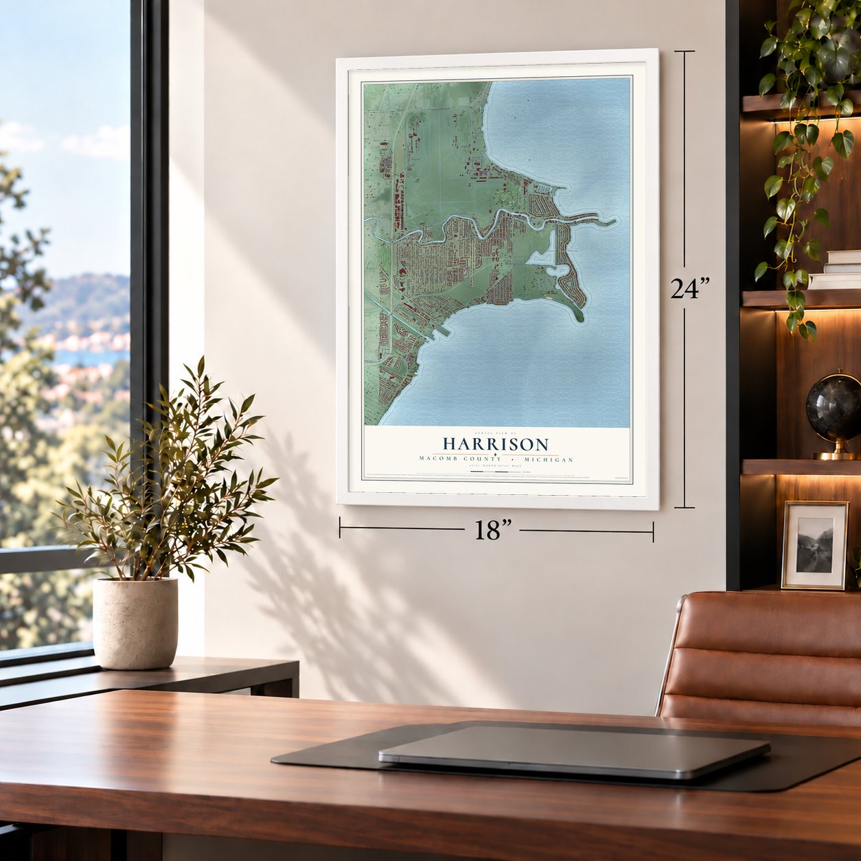 Harrison, Macomb County, Michigan map, 18 x 24 inch print in a white frame in a home office