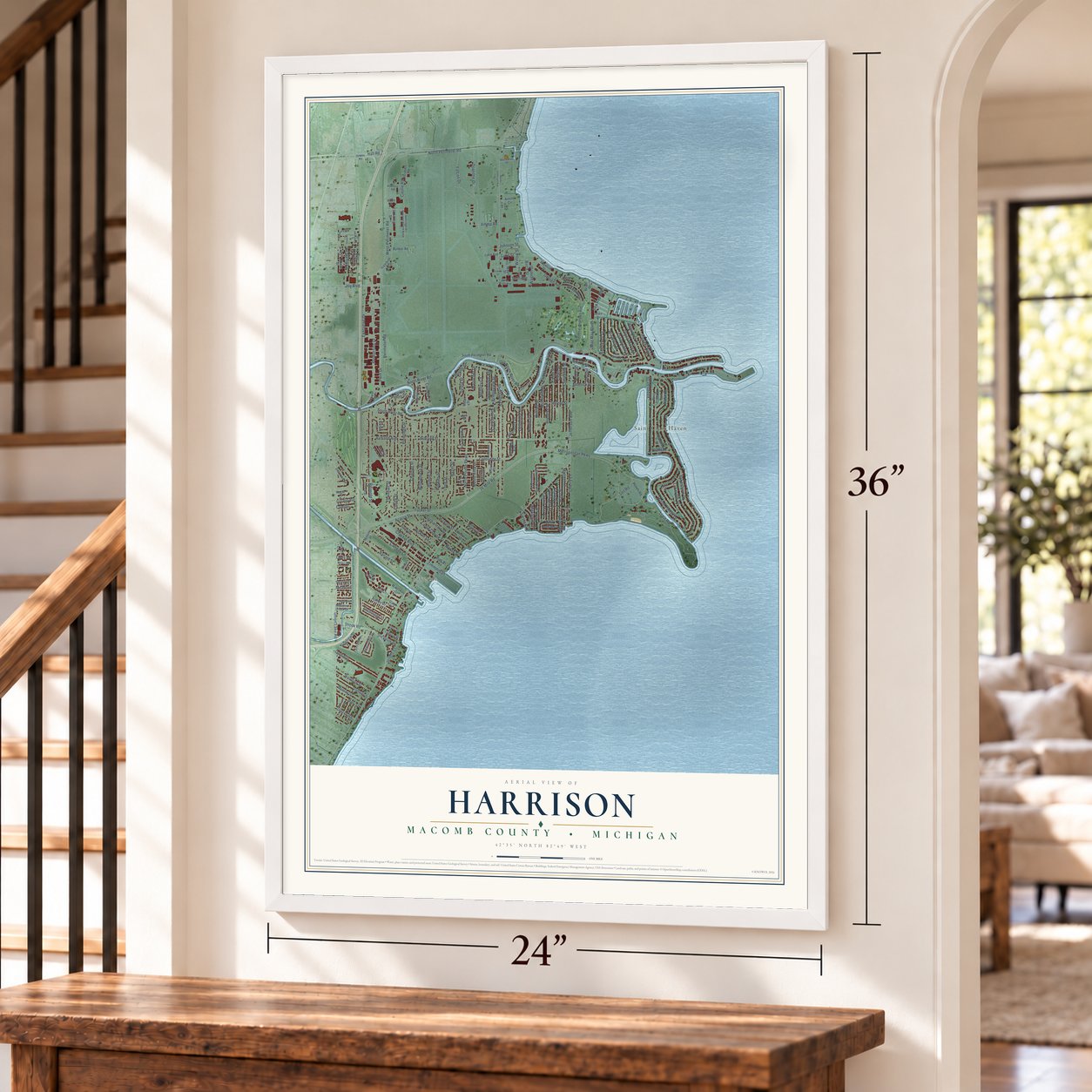 Harrison, Macomb County, Michigan map, 24 x 36 inch print in a white frame by a staircase
