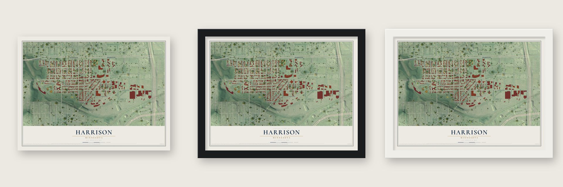 Harrison, Minnesota map unframed, in a black wood frame and in a white wood frame