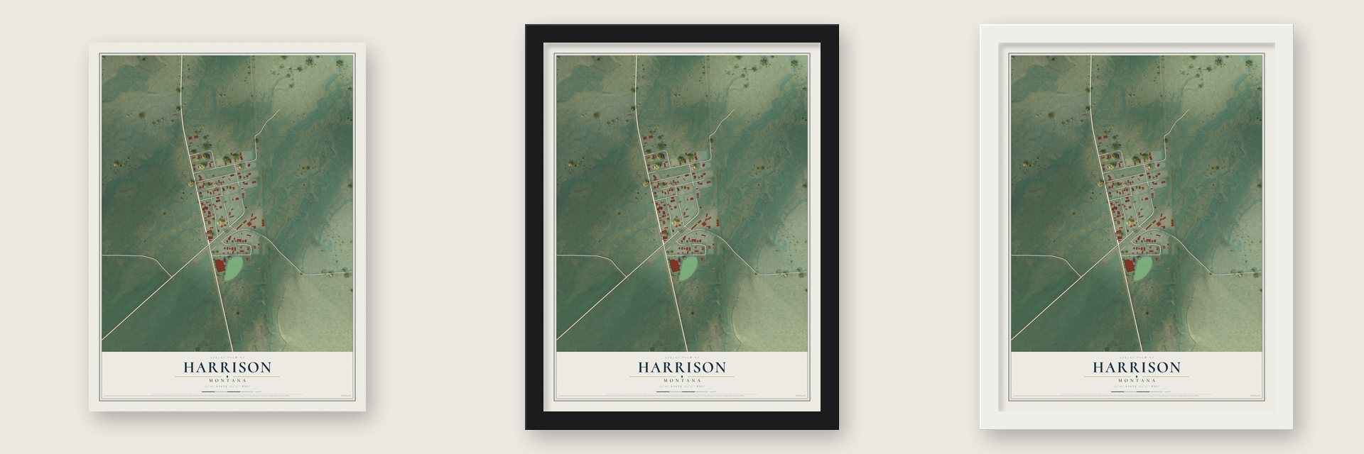Harrison, Montana map unframed, in a black wood frame and in a white wood frame