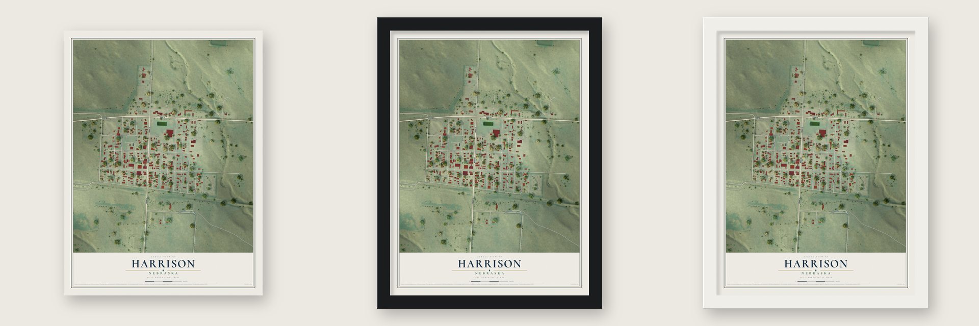 Harrison, Nebraska map unframed, in a black wood frame and in a white wood frame