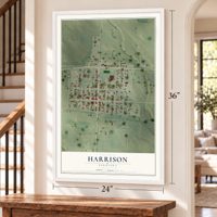 Harrison, Nebraska map, 24 x 36 inch print in a white frame by a staircase