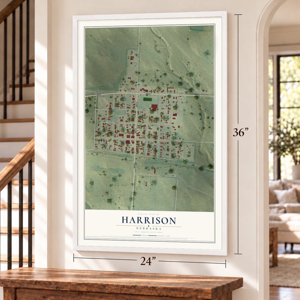 Harrison, Nebraska map, 24 x 36 inch print in a white frame by a staircase
