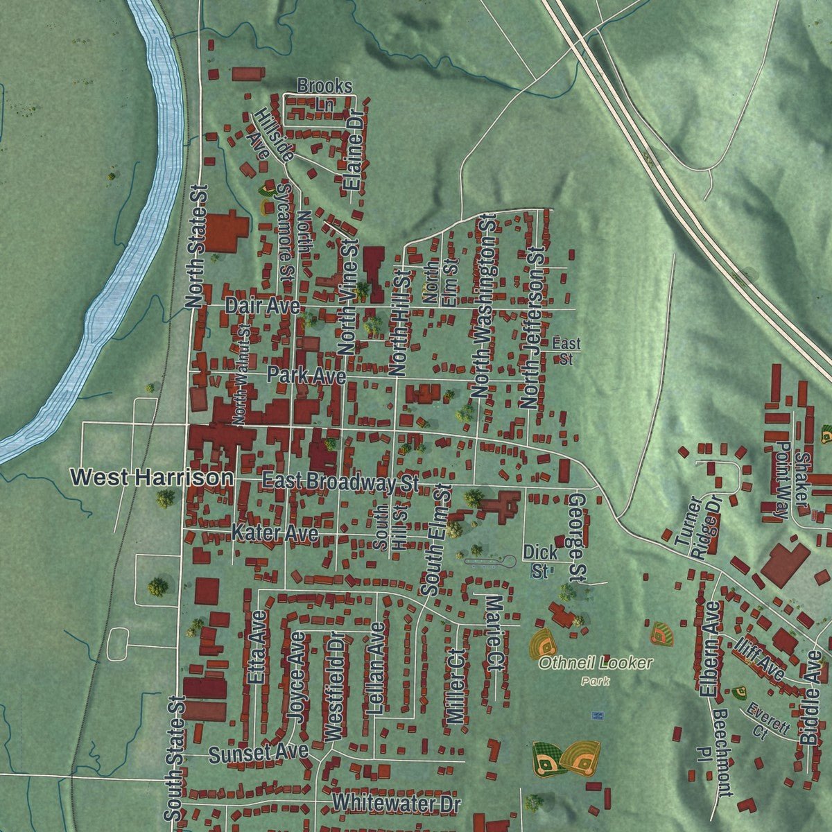 Second close-up of the map of Harrison, Ohio print showing more streets and buildings