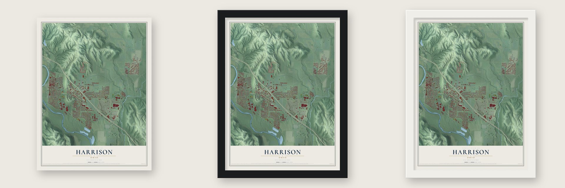 Harrison, Ohio map unframed, in a black wood frame and in a white wood frame