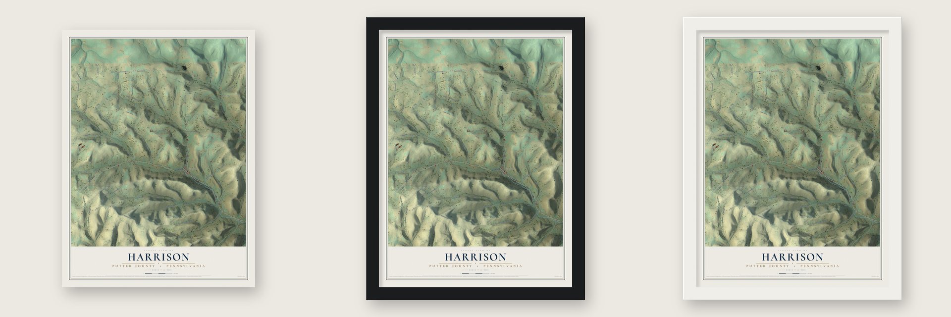 Harrison, Potter County, Pennsylvania map unframed, in a black wood frame and in a white wood frame