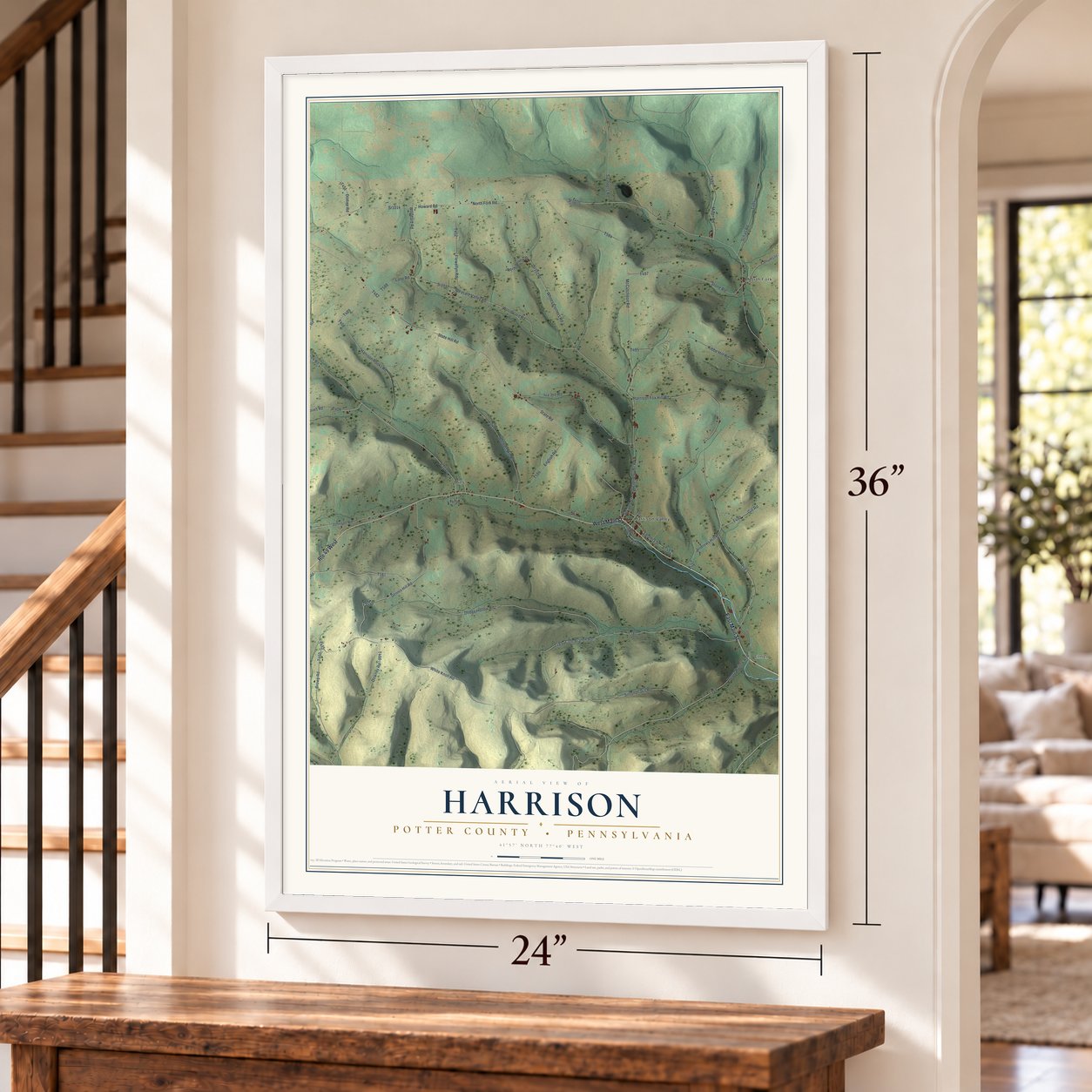 Harrison, Potter County, Pennsylvania map, 24 x 36 inch print in a white frame by a staircase