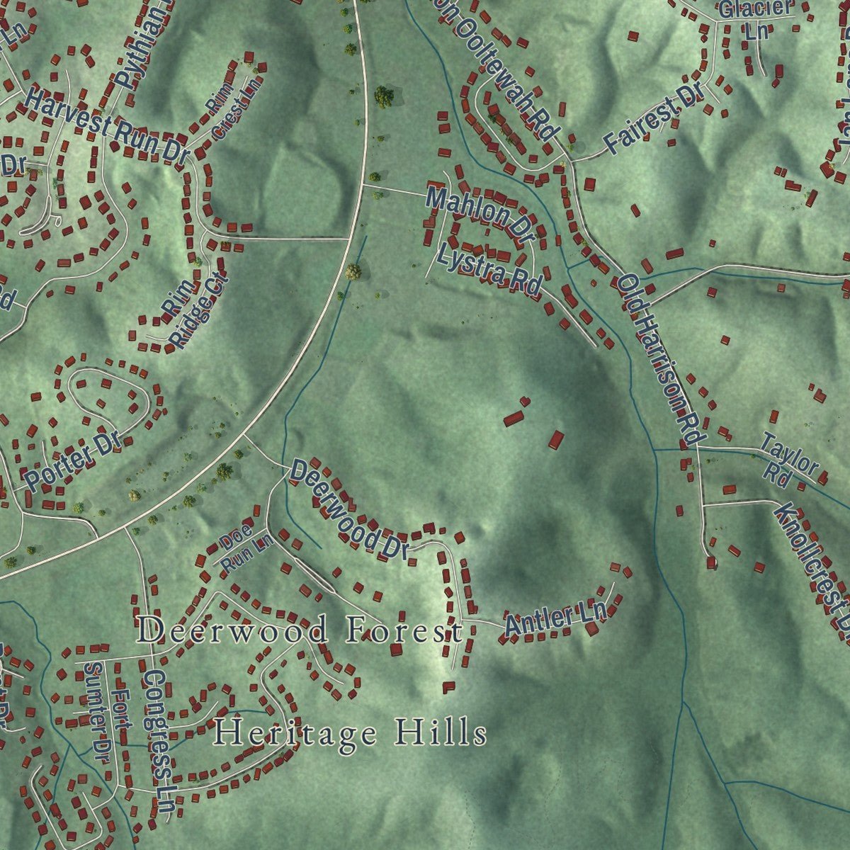 Second close-up of the map of Harrison, Tennessee print showing more streets and buildings