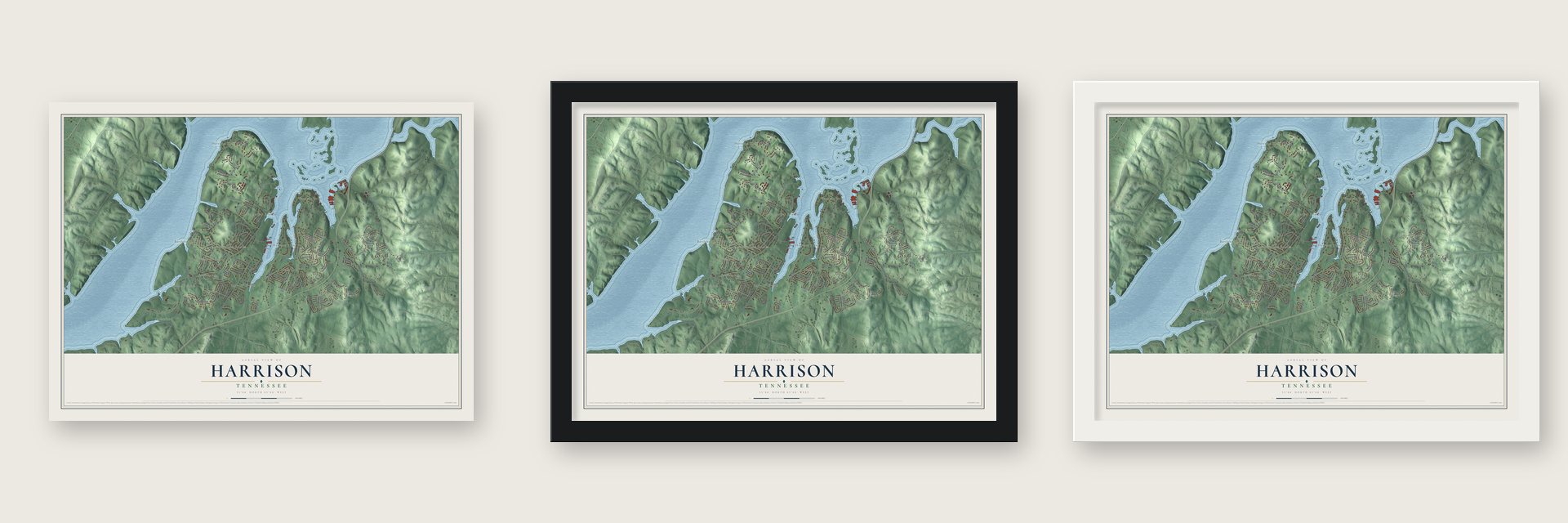 Harrison, Tennessee map unframed, in a black wood frame and in a white wood frame