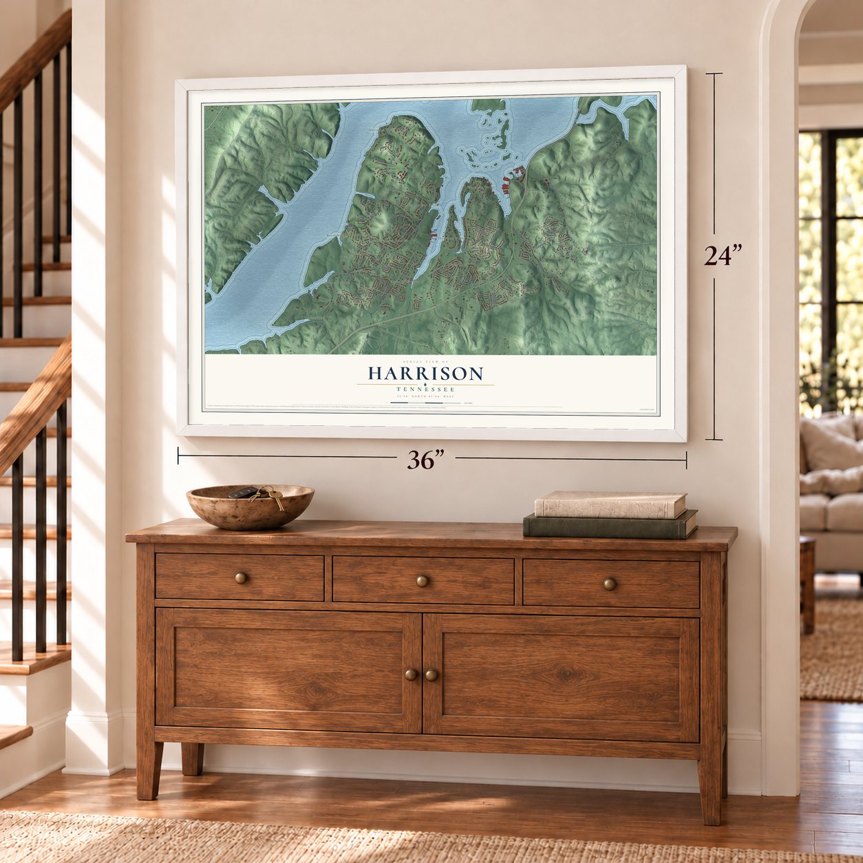Harrison, Tennessee map, 24 x 36 inch print in a white frame above a dresser by a staircase