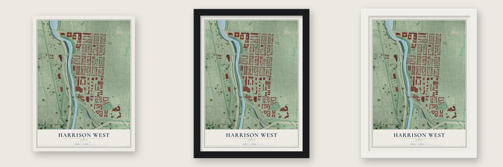 Harrison West, Ohio map unframed, in a black wood frame and in a white wood frame