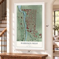 Harrison West, Ohio map, 24 x 36 inch print in a white frame by a staircase
