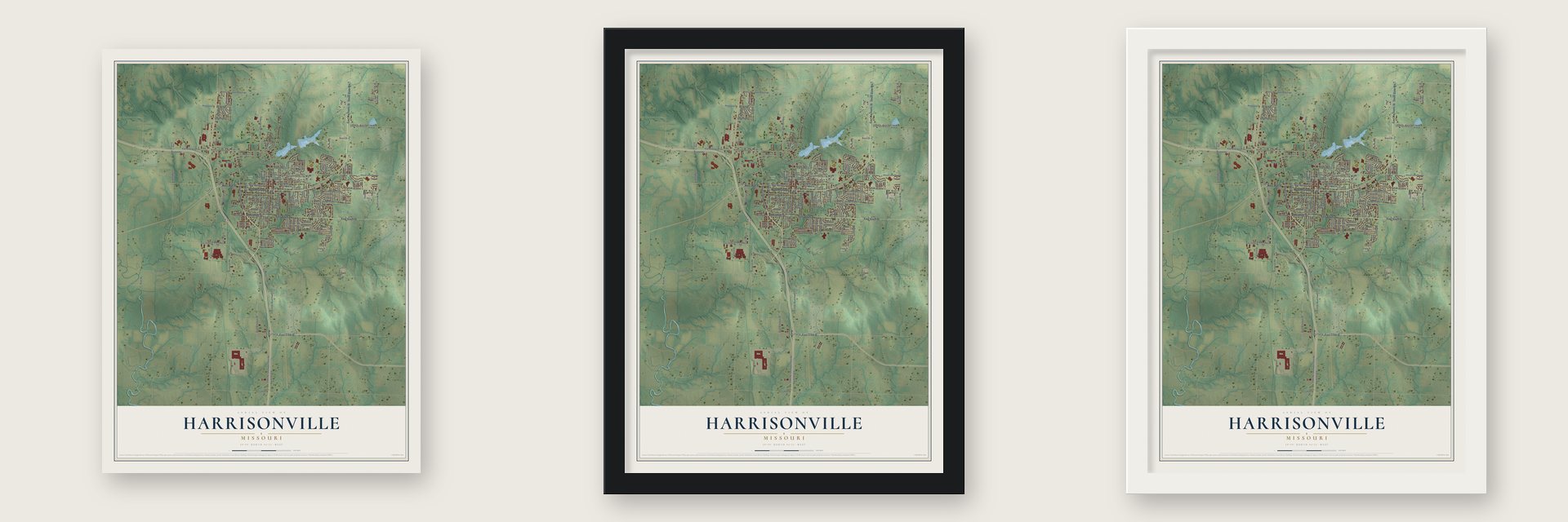 Harrisonville, Missouri map unframed, in a black wood frame and in a white wood frame