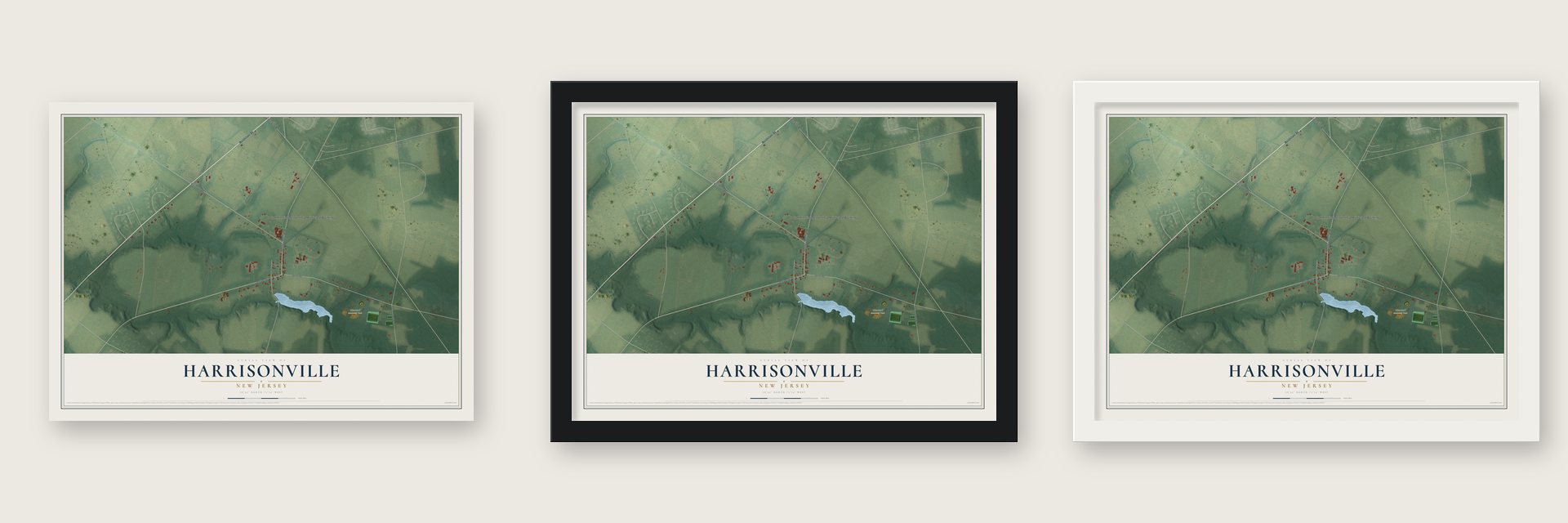 Harrisonville, New Jersey map unframed, in a black wood frame and in a white wood frame