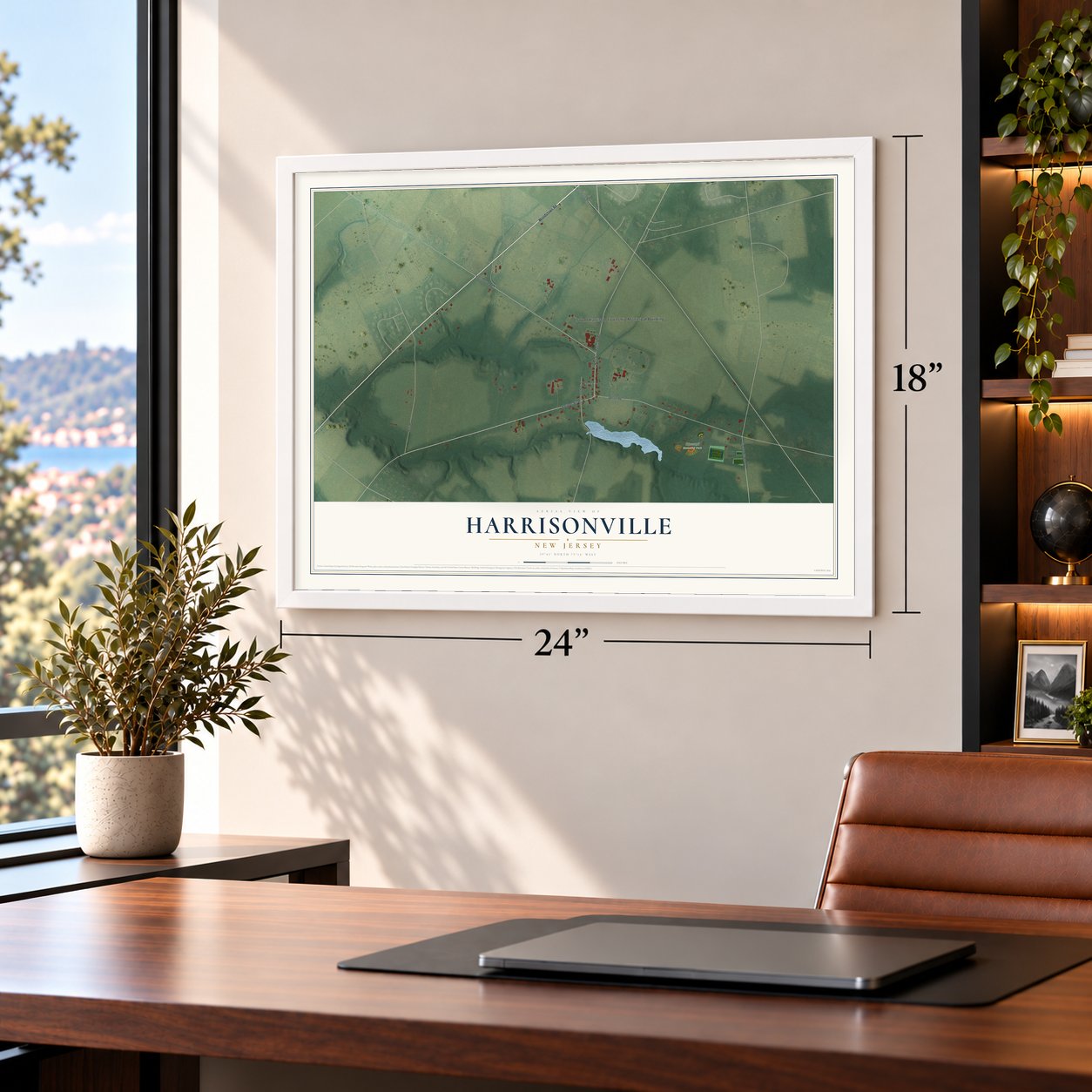 Harrisonville, New Jersey map, 18 x 24 inch print in a white frame in a home office
