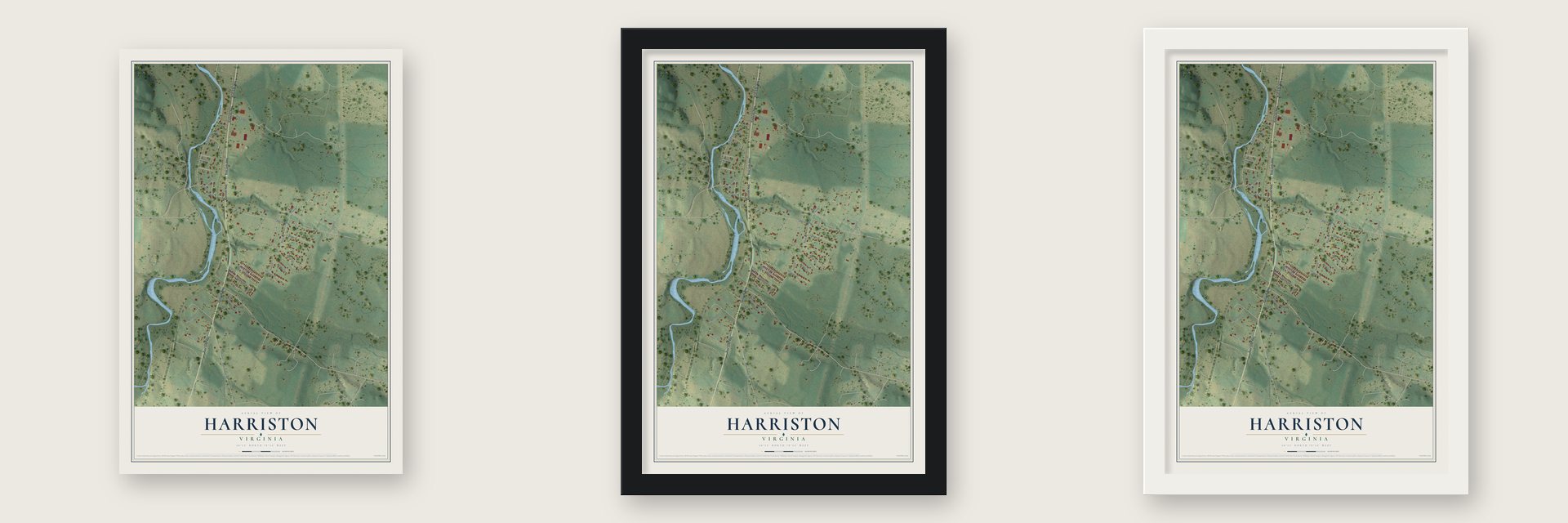 Harriston, Virginia map unframed, in a black wood frame and in a white wood frame