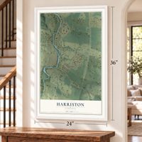 Harriston, Virginia map, 24 x 36 inch print in a white frame by a staircase