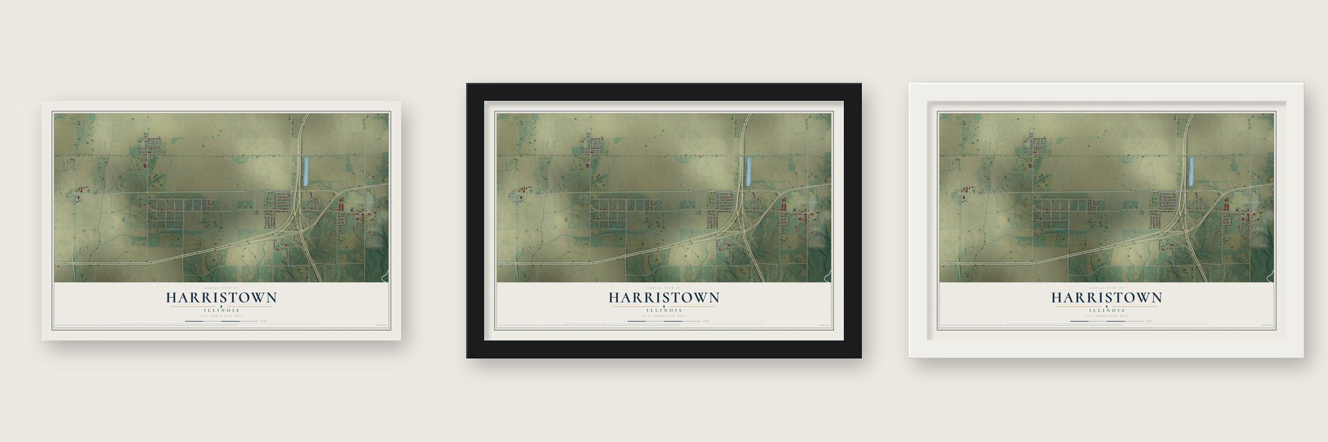 Harristown, Illinois map unframed, in a black wood frame and in a white wood frame
