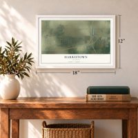 Harristown, Illinois map, 12 x 18 inch print in a white frame in an entryway