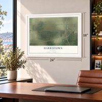 Harristown, Illinois map, 18 x 24 inch print in a white frame in a home office