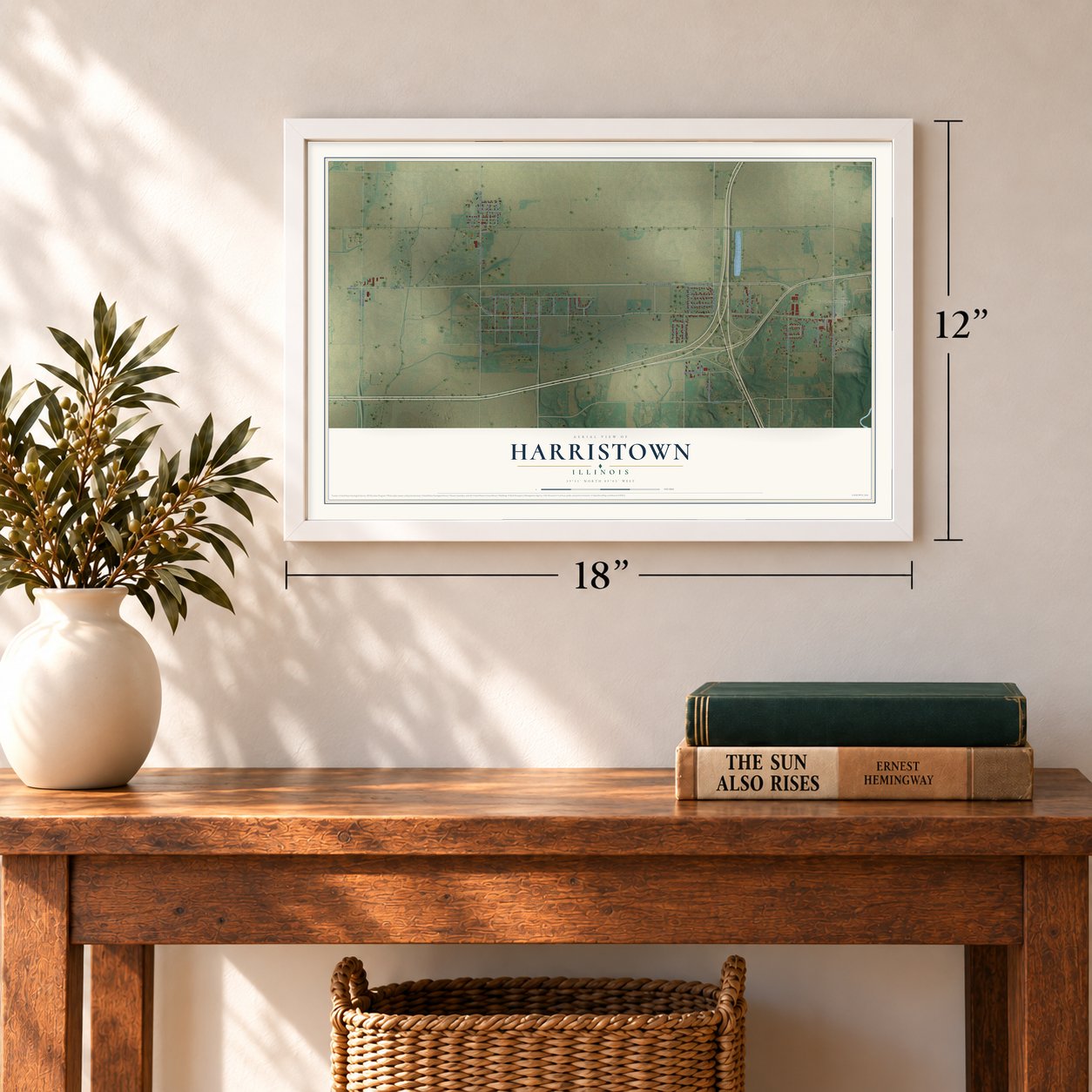 Harristown, Illinois map, 12 x 18 inch print in a white frame in an entryway