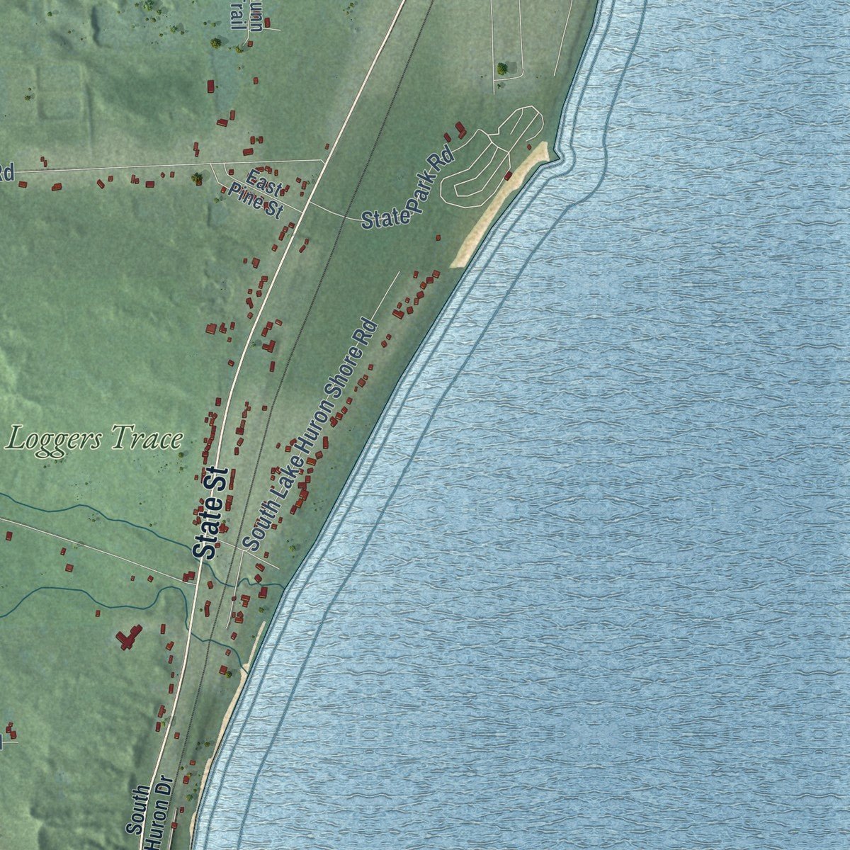 Second close-up of the map of Harrisville, Alcona County, Michigan print showing more streets and buildings