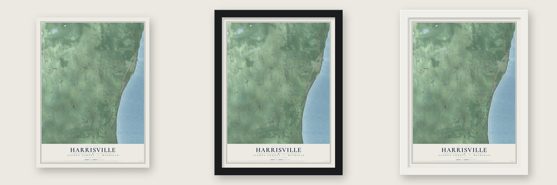 Harrisville, Alcona County, Michigan map unframed, in a black wood frame and in a white wood frame