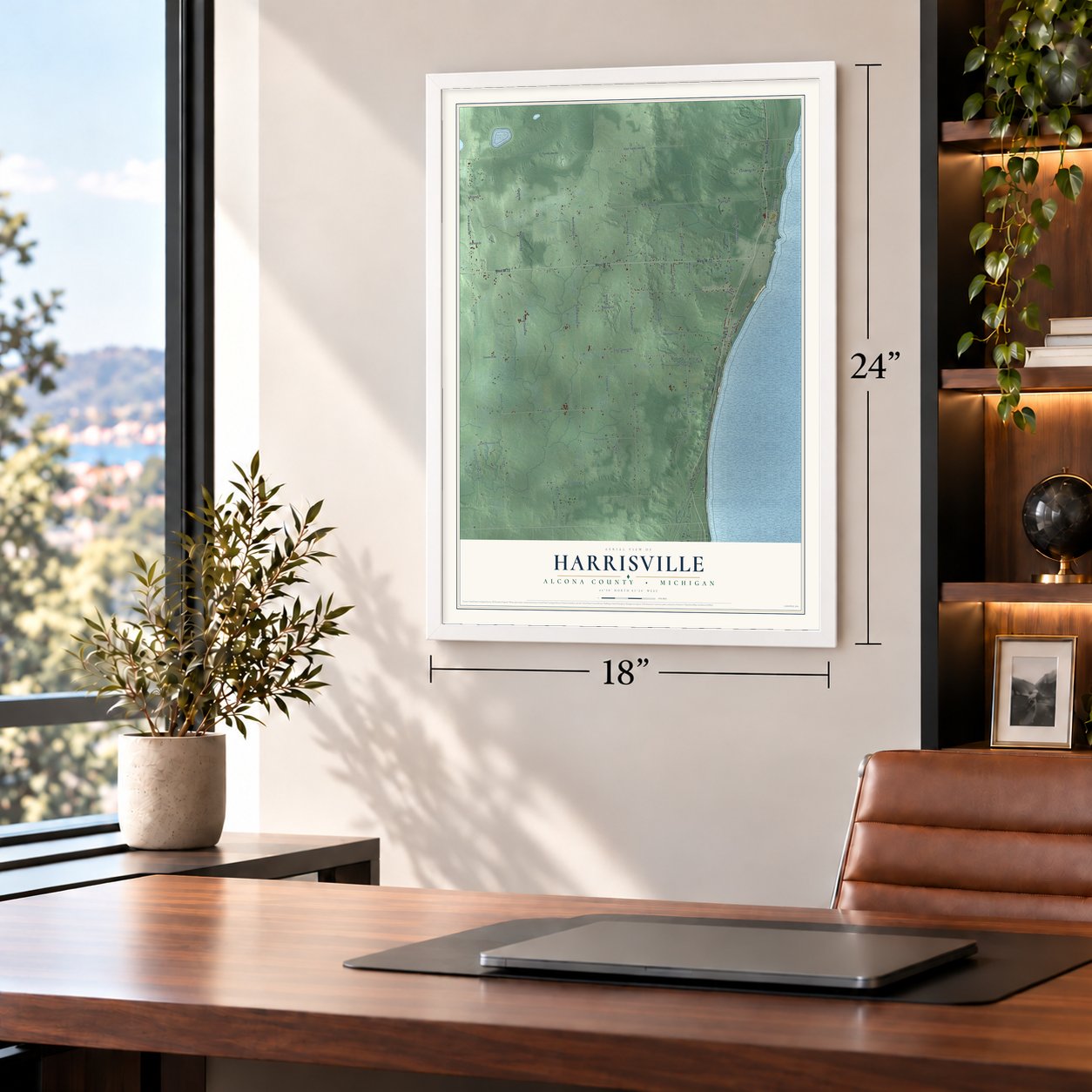 Harrisville, Alcona County, Michigan map, 18 x 24 inch print in a white frame in a home office