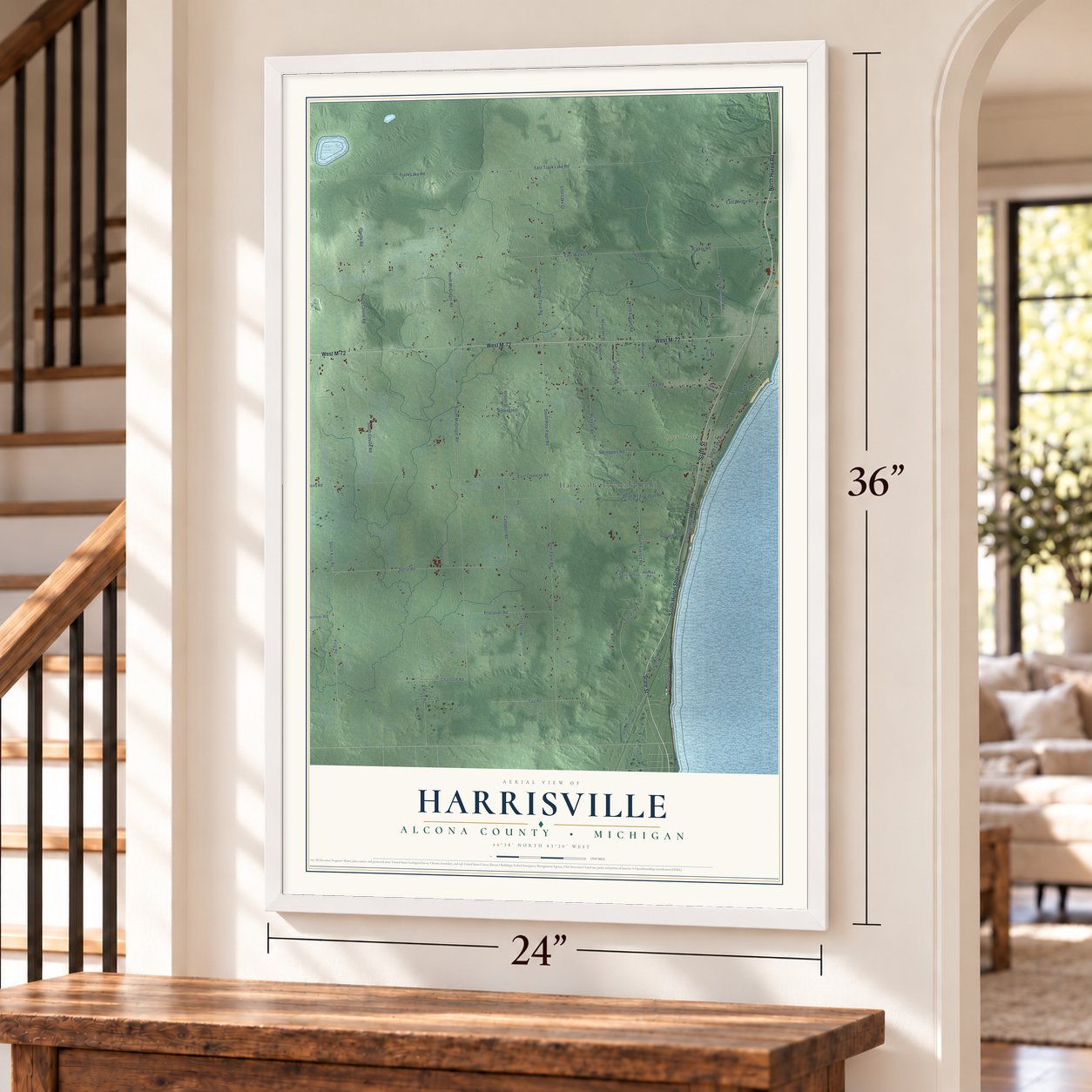 Harrisville, Alcona County, Michigan map, 24 x 36 inch print in a white frame by a staircase