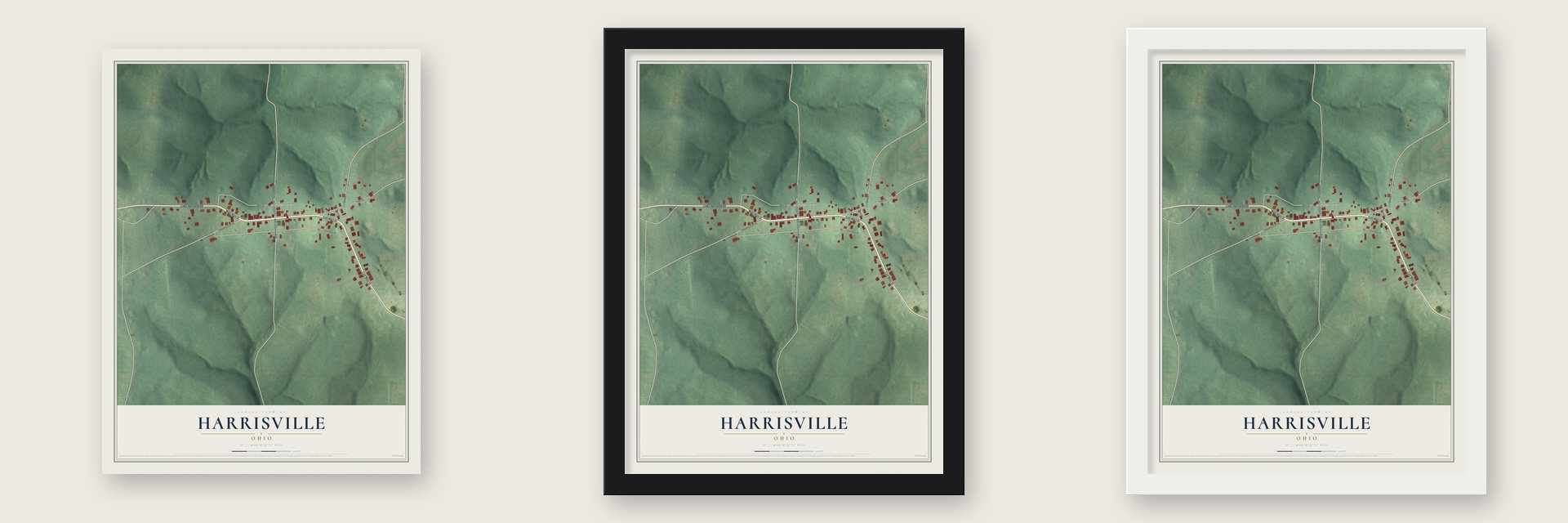 Harrisville, Ohio map unframed, in a black wood frame and in a white wood frame